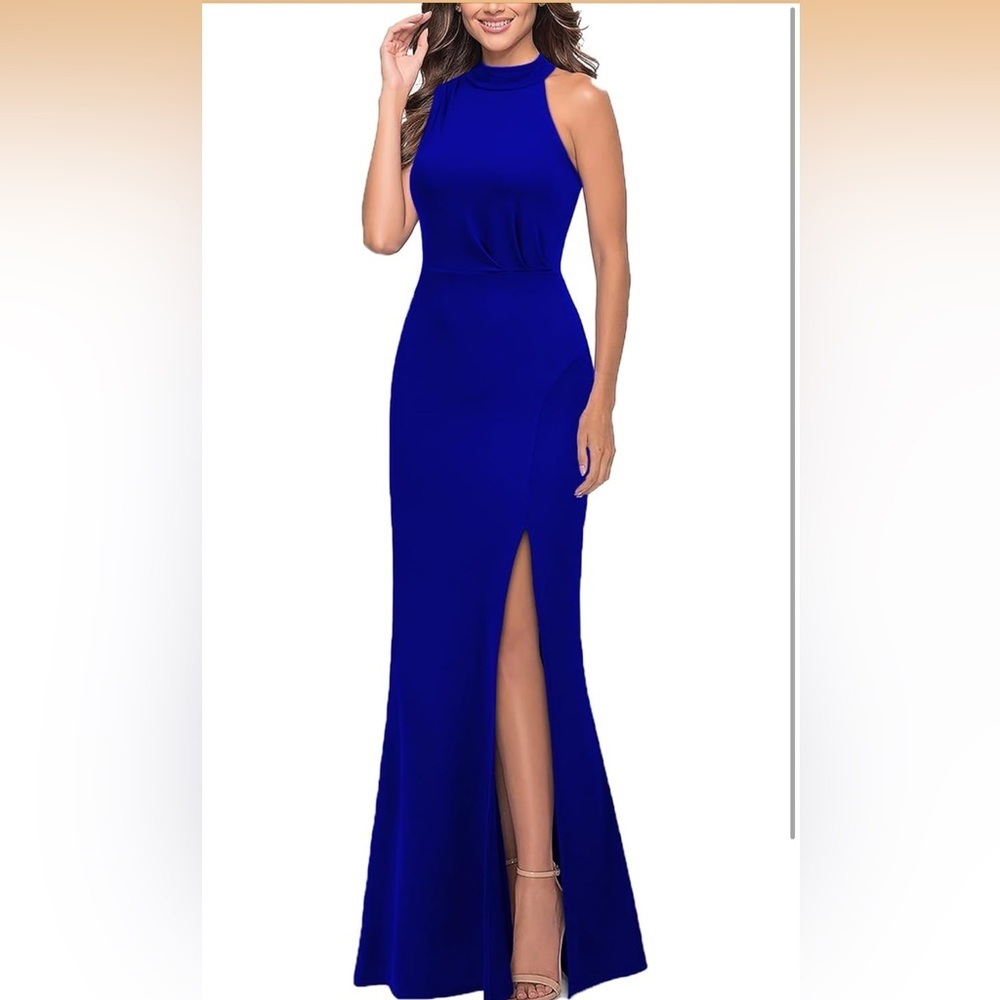 Elegant Royal Blue Maxi Dress with Thigh Slit - Picture 3 of 4